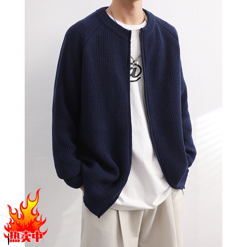 Autumn and Winter New Cleanfit Pearl Zipper Cardigan Sweater Trendy Men's Korean Style Trendy Round Neck Sweater Jacket