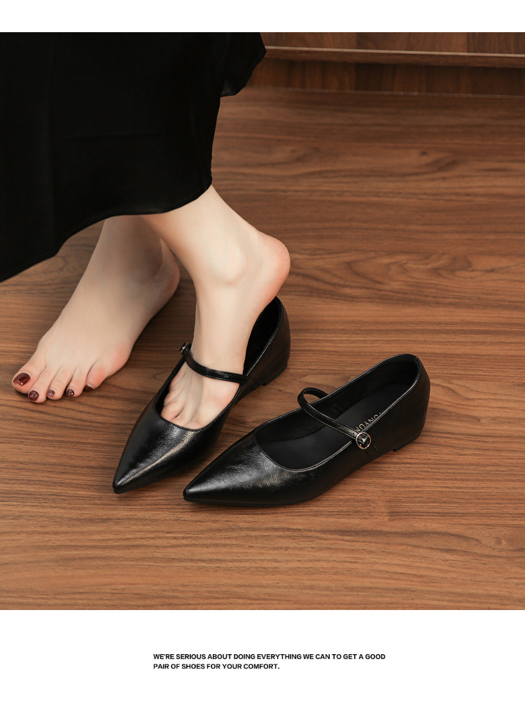 Giày ballet mũi nhọn đế bằng nâng cao bên trong, miệng nông, phong cách thanh lịch mùa xuân thu — đen chi tiết 15