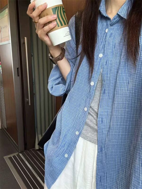 韩系蓝色格子长袖防晒衬衫外套女夏季新款宽松百搭慵懒风外搭上衣|undefined