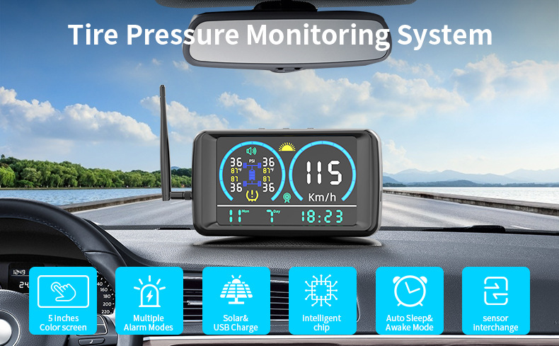 Cross-Border Tire Pressure Monitor with Time, Temperature, Smart Digital Display, Solar Power, Speed Sensor for Cars and Trucks