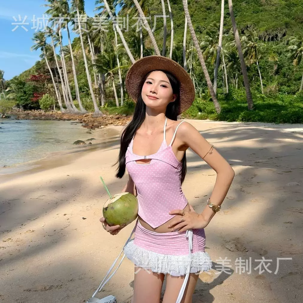 甜美少女感裙式挂脖比基尼分体泳衣三件套女士显白海边温泉度假韩