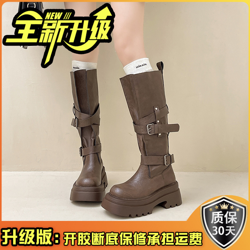 时尚百搭复古皮带扣机车靴秋季设计感女小个子皮靴厚底增高骑士靴|undefined