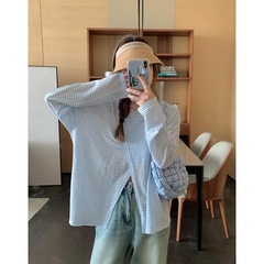 慵懶風圓領條紋t恤女開叉設計感寬鬆休閒百搭防曬罩衫薄款上衣夏