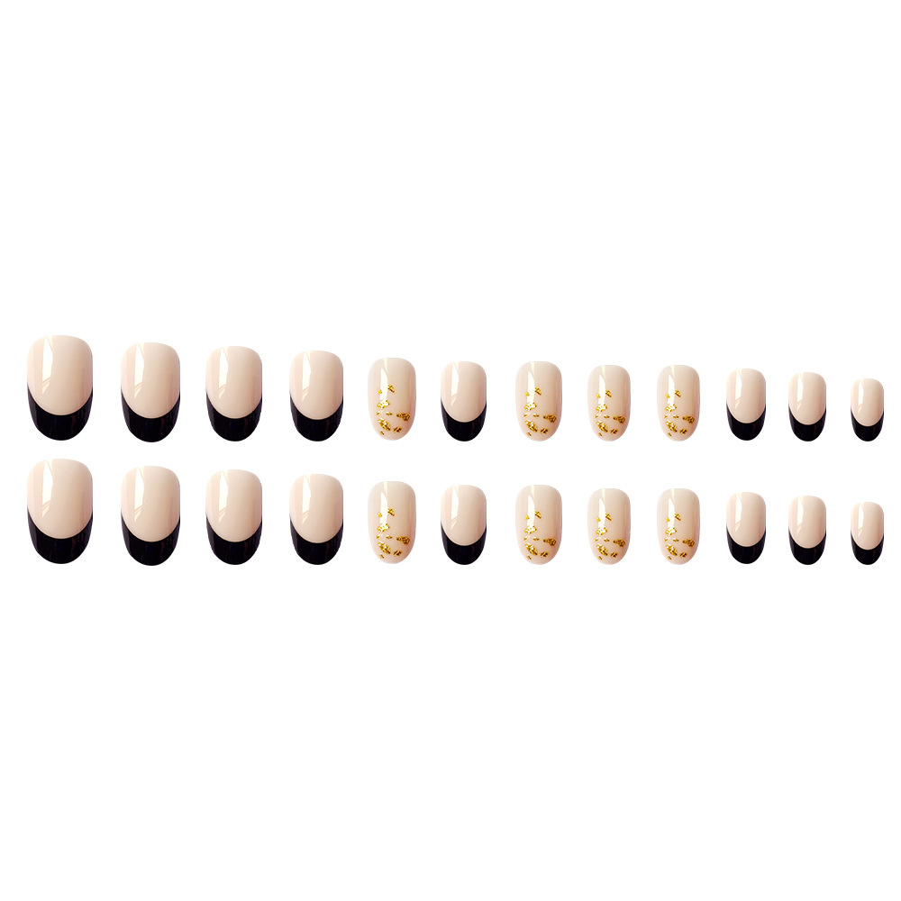 Rosa desnuda, borde negro, contraste, manicura francesa, lámina de oro como una estrella, armadura de desgaste de moda 24 piezas, pegatinas de uñas de temperamento