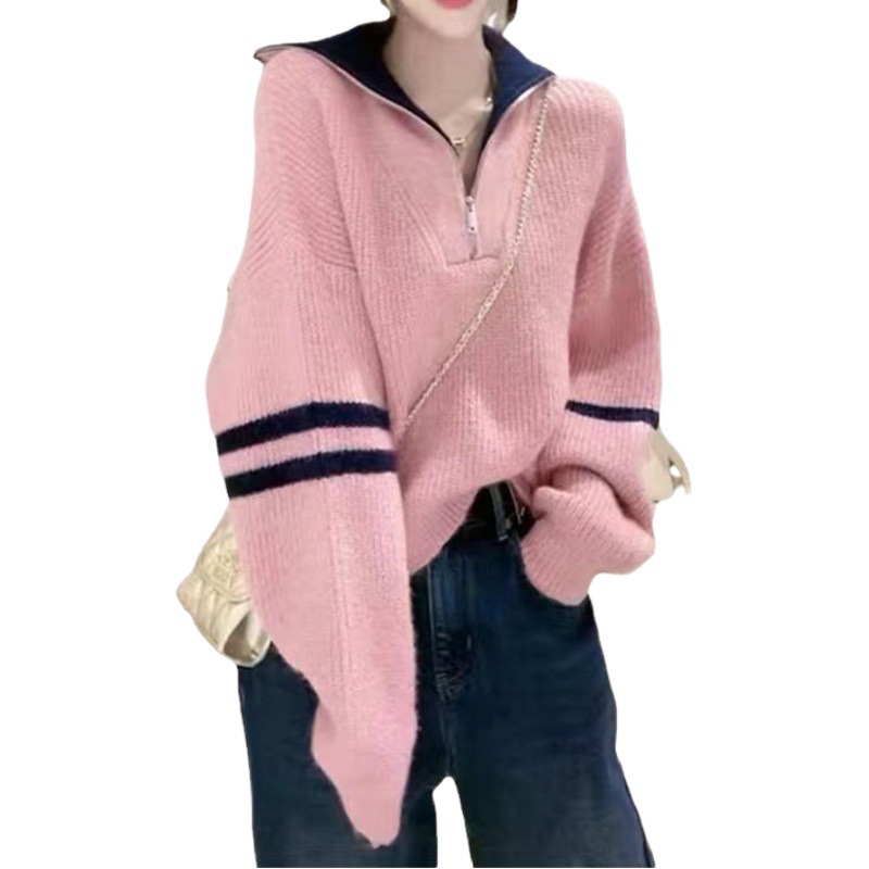 2023 otoño e invierno nuevo estilo japonés contraste color prendas de punto de las mujeres cuello alto manga larga suelta cremallera casual suéter mujeres image 1