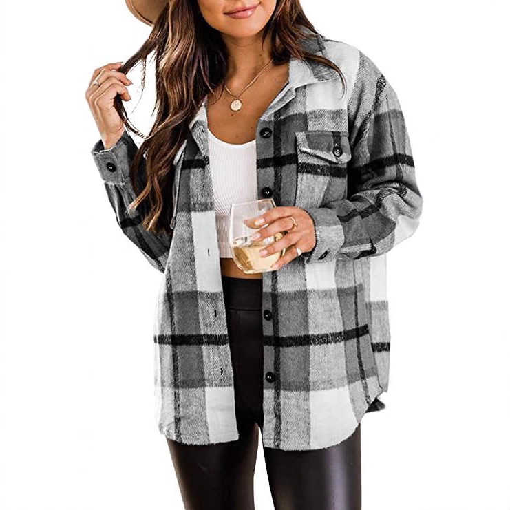 Women's Clothing Plaid Shirt American Style Long Sleeved Collared Loose Fit Mid Length Coat For Autumn Winter_ecoleips.com