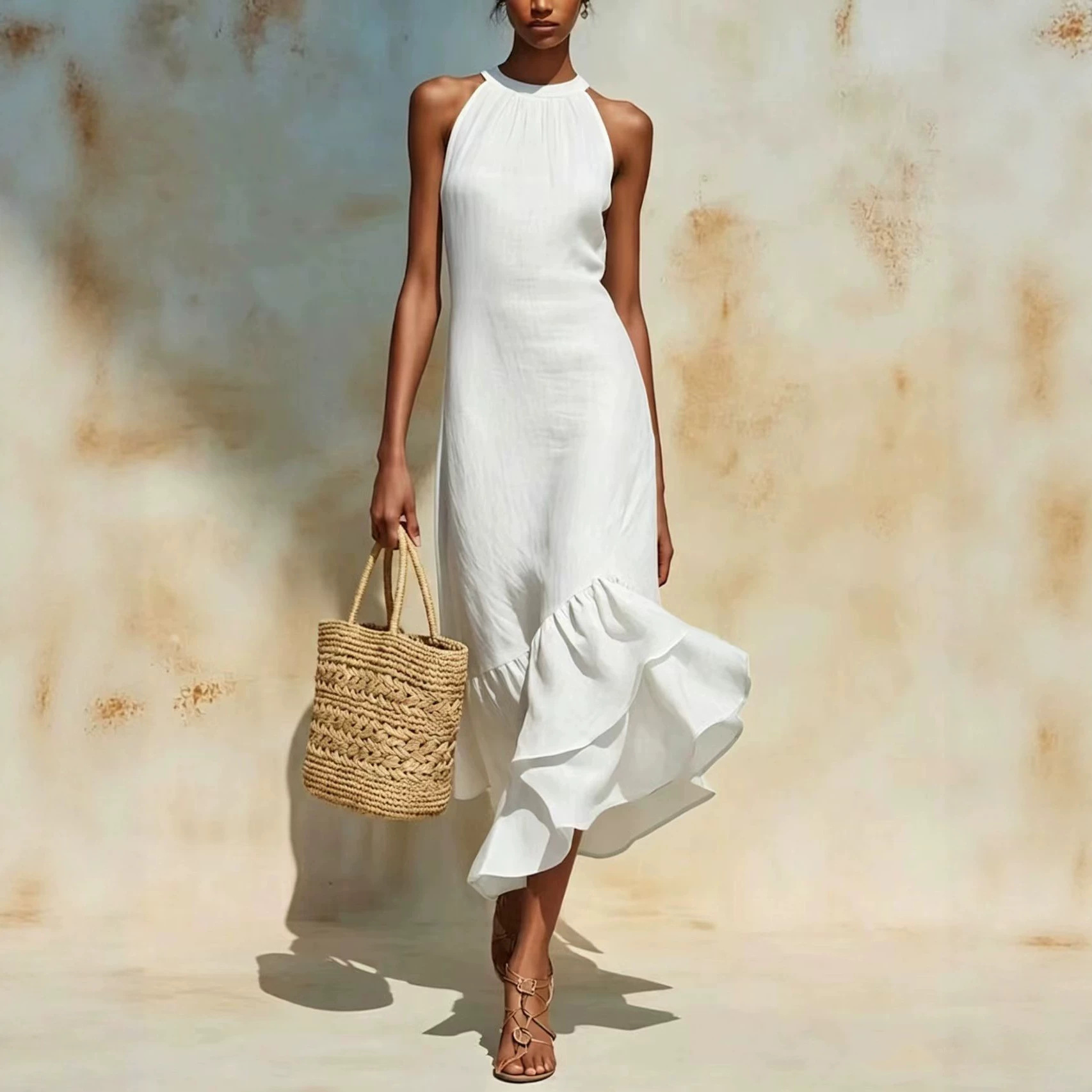 Women's Clothing Summer Women's Elegant Sleeveless Round Neck Ruffle Hem Dress Fashion Style For Formal & Casual For Women_ecoleips.com
