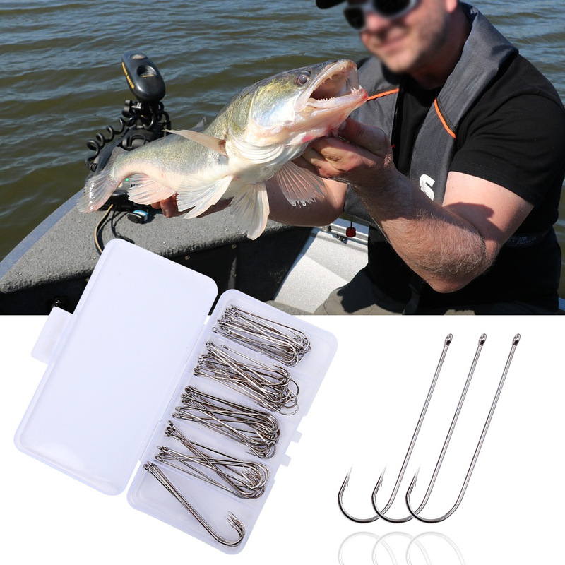 70 Boxed Aberdeen Long Handle Sea Fishing Hook suit Tube Paid Karis Long Handle Hook with Holes and Barbs
