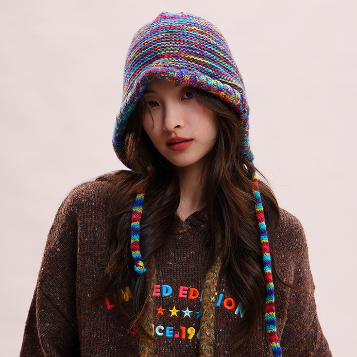 Cappelli di lana autunnali e invernali per bambini, colori arcobaleno a contrasto per mettere in mostra il viso, piccola borsa con testa carina legata con corda_voghion.com