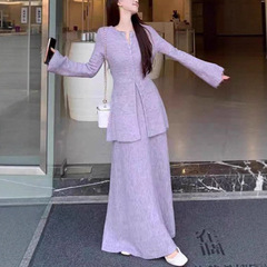 洋气减龄针织套装秋冬新款宽松V领开叉毛衣女松紧腰直筒裤两件套