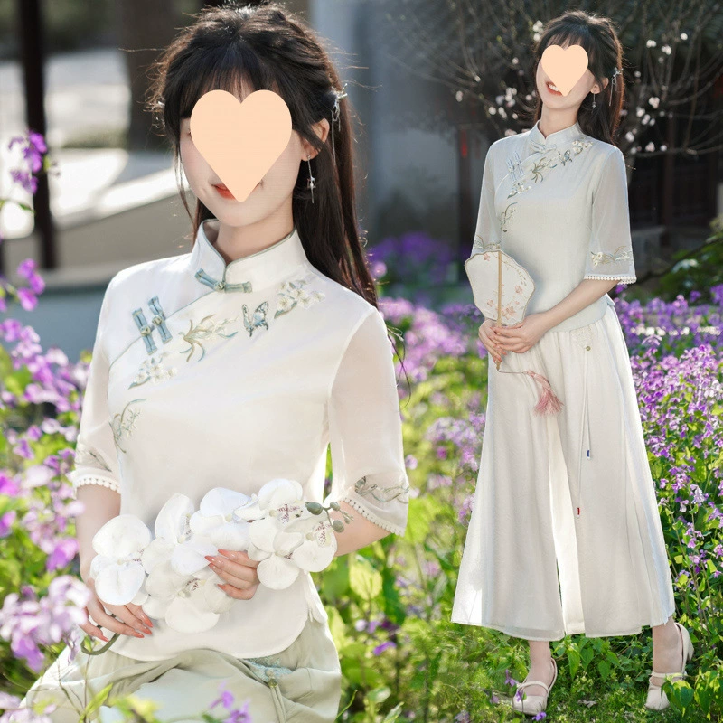 Винтажный костюм Тан Республики Китай, улучшенный китайский Cheongsam, высококачественный вышитый воротник-стойка, длина три четверти, художественный топ Hanfu, комплект из двух предметов