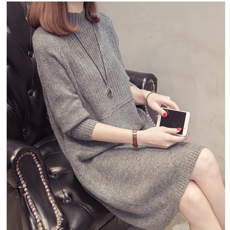 2026 New Style Half-High Collar Mid-Length Sweater Women's Base Layer Autumn and Winter Loose Pullover Knitted Dress Long-Sleeved Women's 2026 New Style Half-High Collar Mid-Length Sweater Women's Base Layer Autumn and Winter Loose Pullover Knitted Dress Long-Sleeved Women's