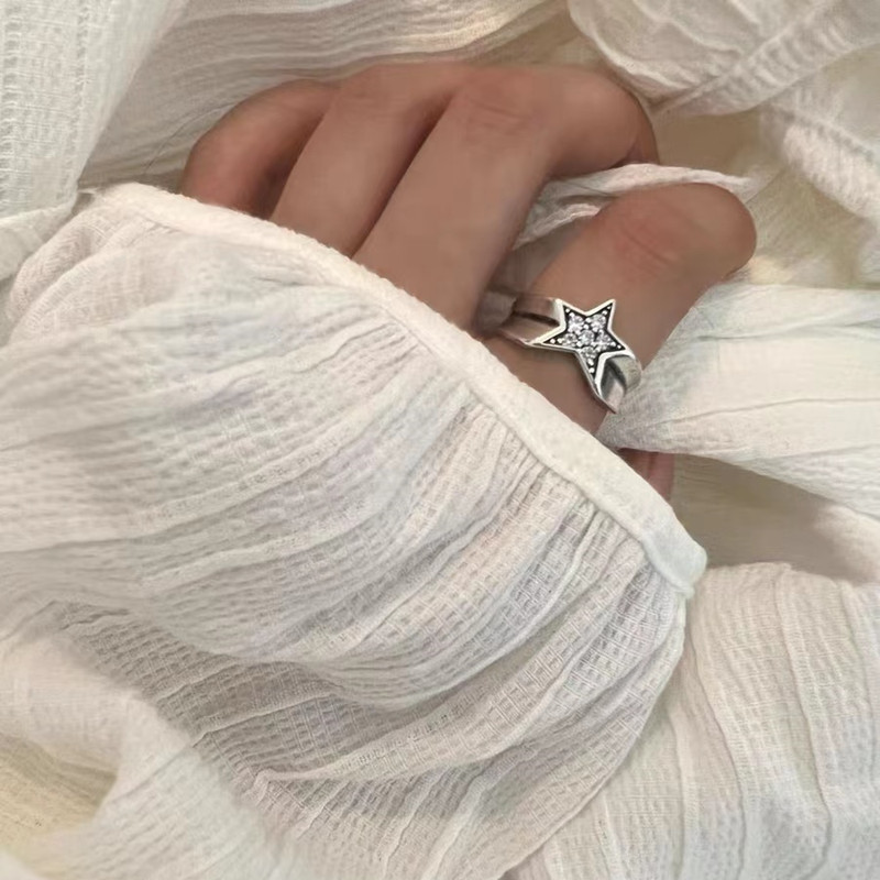Bague Ouverte Géométrique Pentagramme Réglable En Alliage Argent_voghion.com
