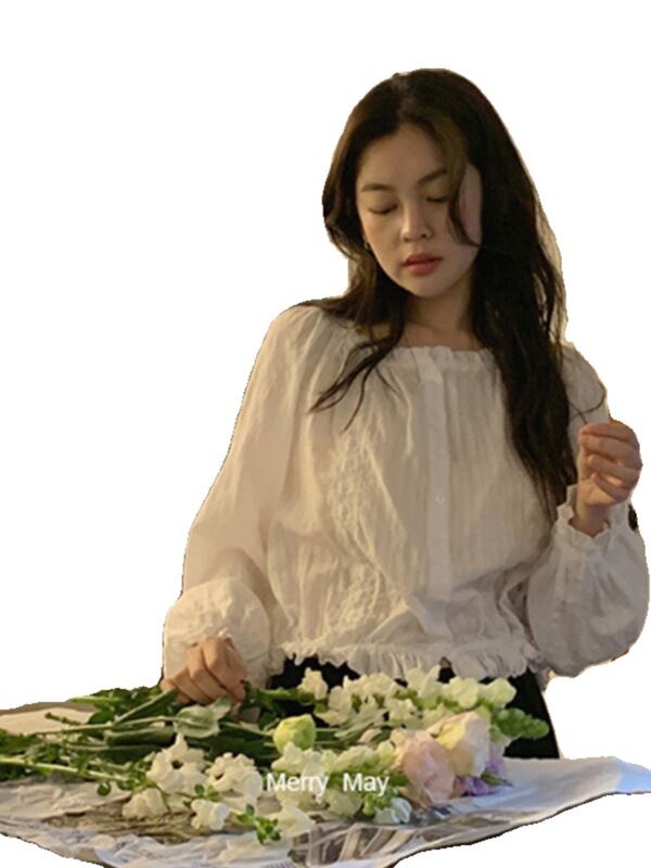 法式小众短款衬衣ins上衣女长袖减龄宽松皱褶娃娃衫早春外套衬衫|undefined