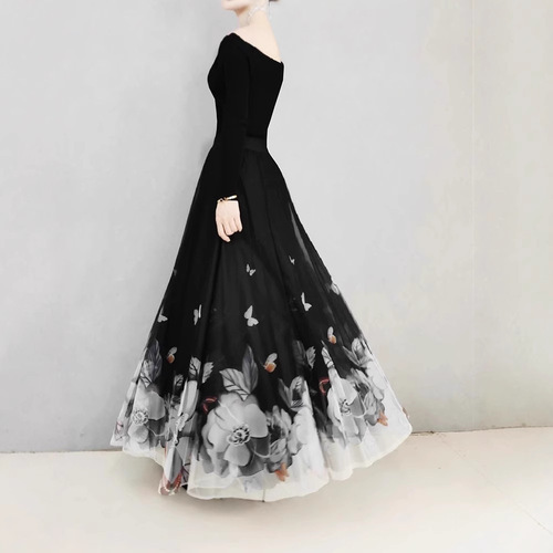 Spring and Summer High-Waist Slimming Double Layer Mesh Swing Flower Print Long Dress Square Dance Little Formal Skirt