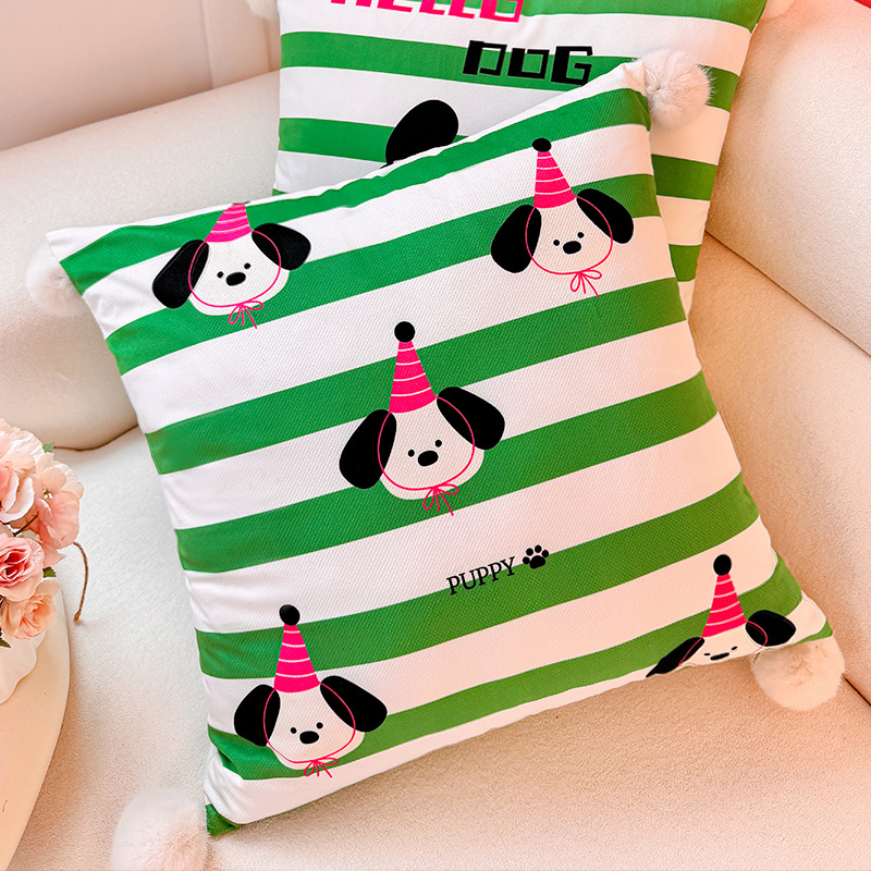 Skateboard Puppy Rayas Almohada verde Funda de almohada Sala de estar Sofá Almohada Impresión de cabecera Almohada de cintura abstracta con bola de pelo