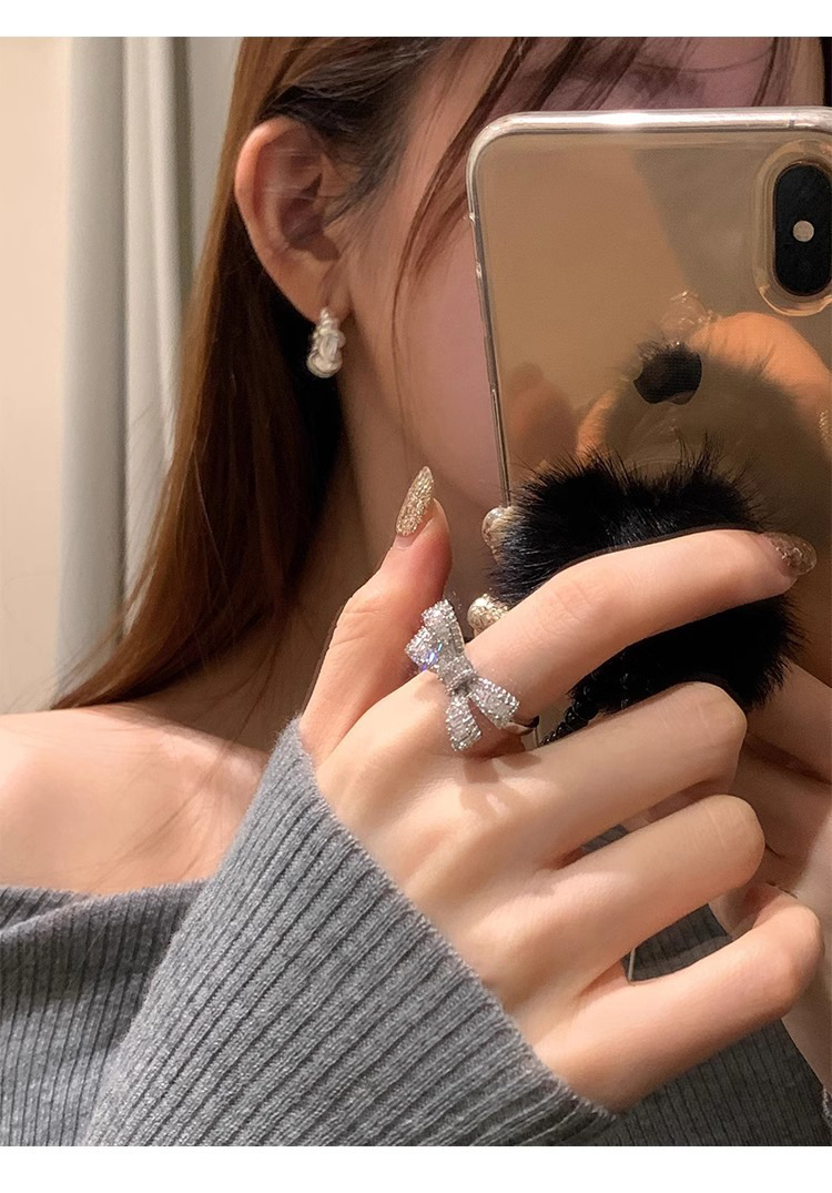 Sterling Silver Bowknot Zircon Ring For Women Adjustable Designer_voghion.com