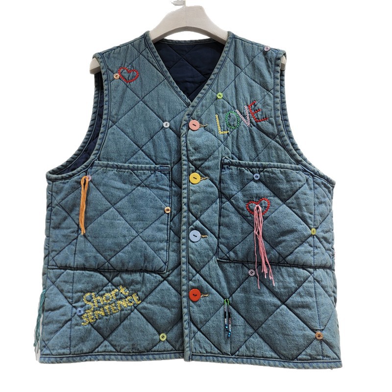Estación europea de otoño y invierno 2025 nueva moda de cuello en V hebilla de una sola fila chaqueta de vaqueros de algodón de moda