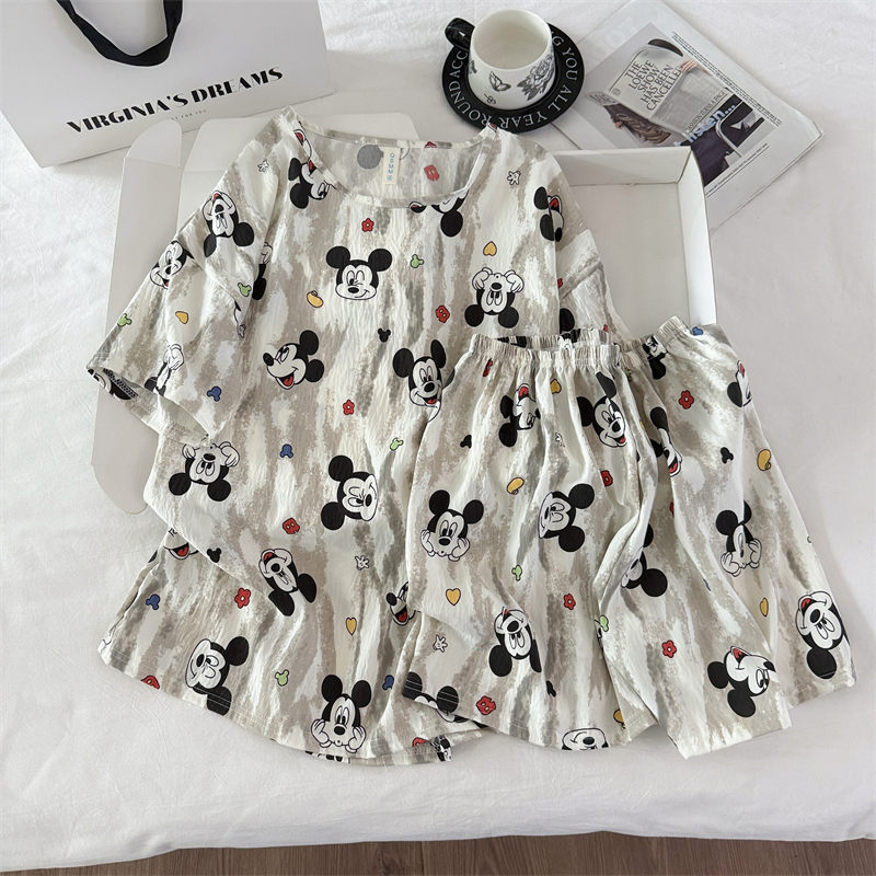 Transfronterizo al por mayor pijamas de algodón nubes de dibujos animados ropa de casa de mujer chaqueta manga corta pantalones cortos set set de cuello redondo set de dos piezas