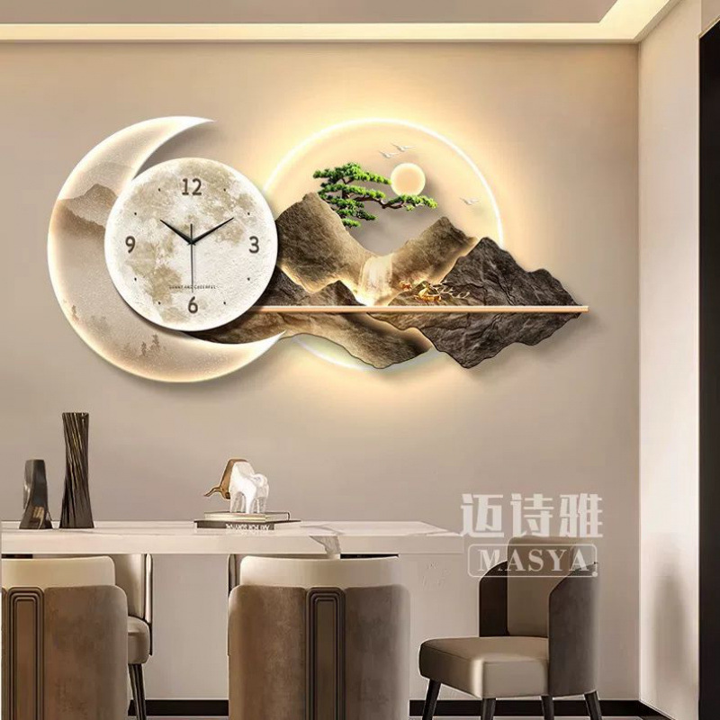 2025 nuevo estilo de pintura de decoración del restaurante reloj de lujo moderno reloj de pared de fondo de la sala de estar reloj creativo lámpara de pared pintura