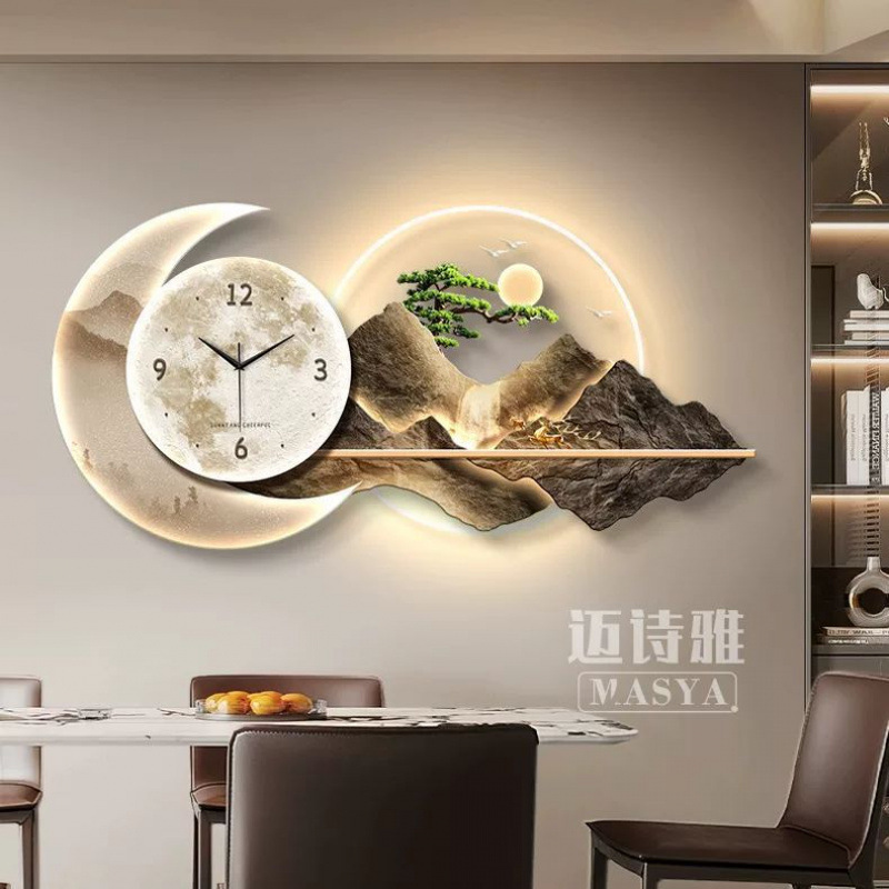 2025 nuevo estilo de pintura de decoración del restaurante reloj de lujo moderno reloj de pared de fondo de la sala de estar reloj creativo lámpara de pared pintura