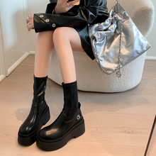 现货秒发！牛皮版小个子弹力瘦瘦靴辣妹高筒靴厚底短靴女秋冬靴子