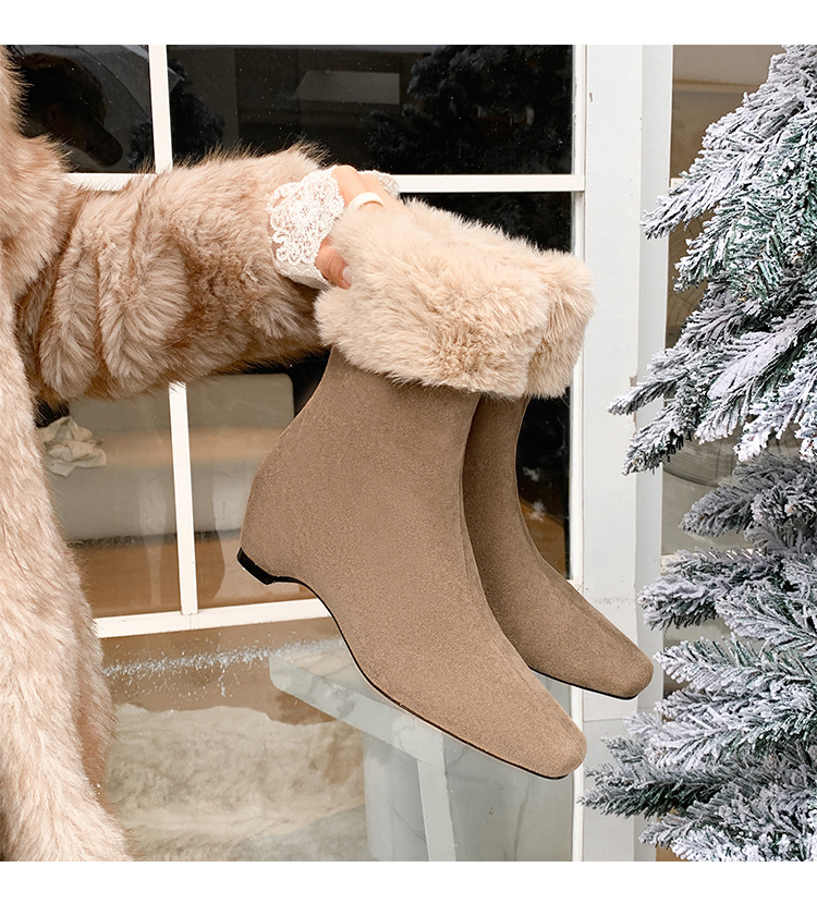 Boot nữ cổ cao lông cừu mũi vuông tăng chiều cao — cà phê nâu, màu xám, quả mơ chi tiết 19