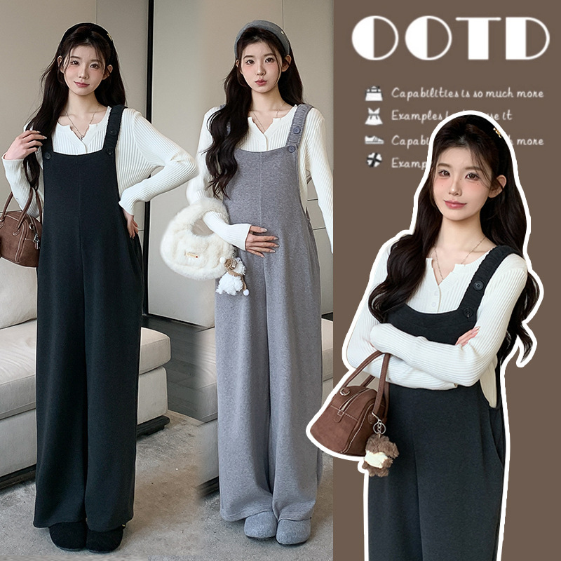 Maternity Wear Trendy Mom New Autumn and Winter Set Casual Base Top Ruffled Slimming Overalls Autumn Two-Piece Set