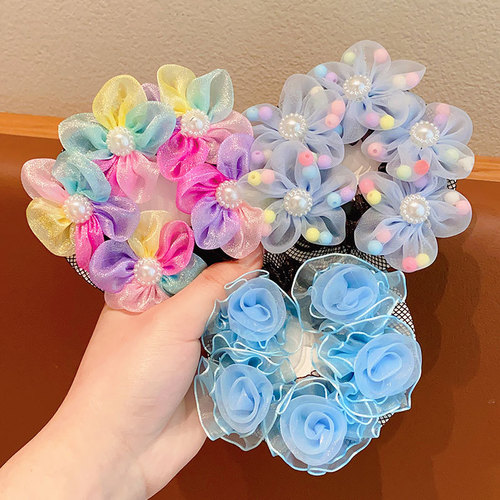 Children's Cute Pearl Flower Headband Hair Net Girls' Dance Grade Examination Special Bun Maker Hair Ring Hairnet