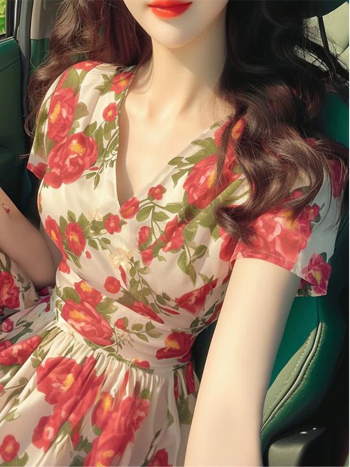 Đầm maxi nữ thắt eo họa tiết hoa nhỏ đỏ phong cách Pháp — màu sắc chi tiết 6