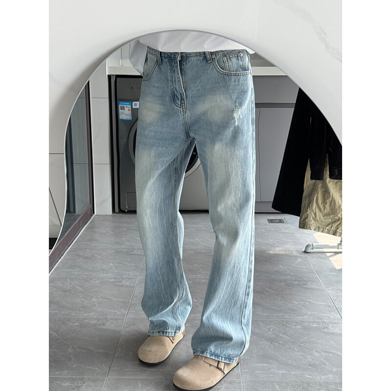American High Street Vibe Light Blue Jeans Men's Spring & Fall New Style Washed Straight Loose Wide Leg Pants Men's Clothing