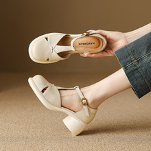 33--41大码女鞋5cm厚底粗跟包头中空凉鞋女夏新款中跟高跟外贸鞋