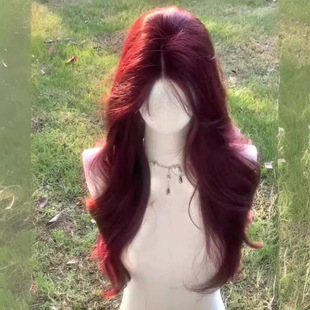 Raspberry Red Wig for Women with Long Hair, Middle Parted Eight-Character Bangs, Big Wavy Long Curly Hair, Natural Simulated Hair Full Headgear