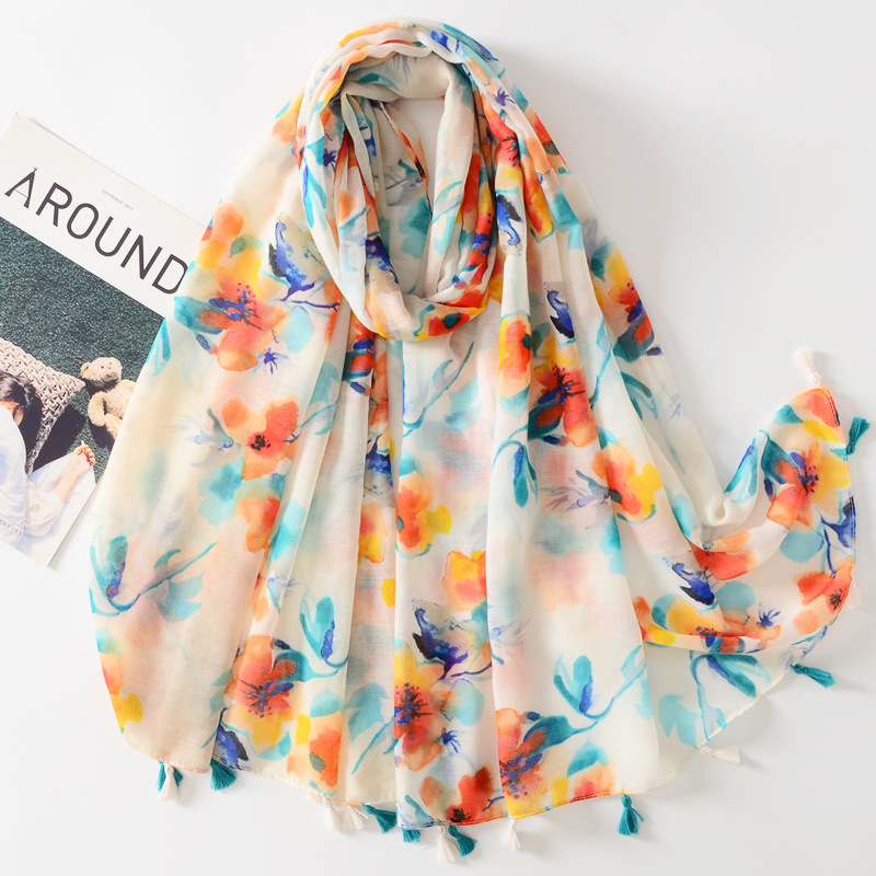 Fresco dulce color caliente flor playa protector solar Toalla de viaje al aire libre decorativo chal algodón y lino sensación bufanda para las mujeres