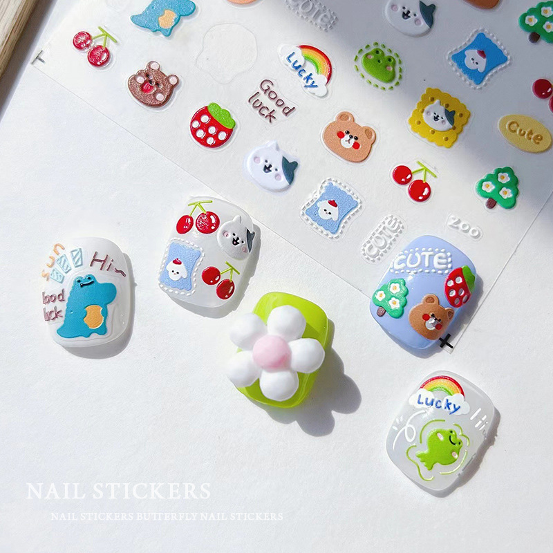 Pegatinas de uñas de estilo japonés en relieve Daisy dibujos animados tridimensional Pooh oso graffiti chica dinosaurio fresco uñas pegatinas