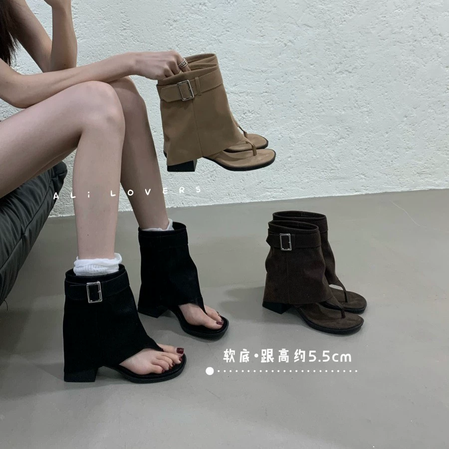 Французские нишевые сандалии 2025 лето новые босоножки на толстом каблуке с внутренним увеличением роста ретро корейская версия женские ботинки