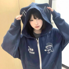 刺绣连帽猫咪耳朵卫衣女秋冬薄款宽松开衫拉链设计感小众美式外套