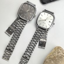 外贸跨境钢带手表男表复古银色真日历方表高级感男女石英腕表