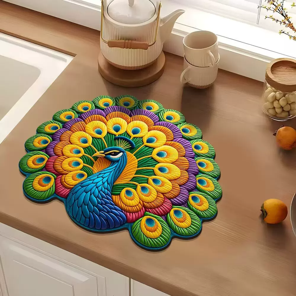 跨境孔雀硅藻泥桌垫餐具沥水垫吸水防滑咖啡机垫耐脏隔热垫易打理