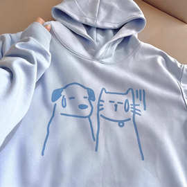 纯棉美式手绘卡通猫狗印花男女重磅嘻哈情侣上衣连帽卫衣
