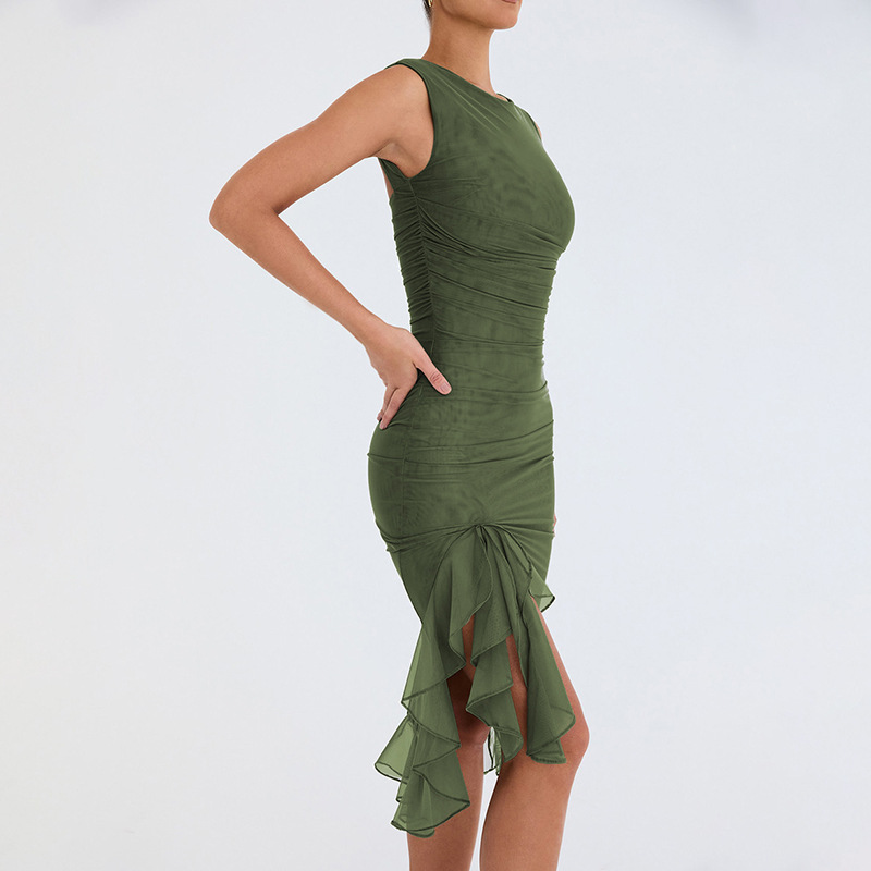 280g Weight Asymmetrical Dress, Knee-Length Dress Length Type Sleeveless Sleeve Length Mesh Dress Dresses Type Spandex, Mesh Yarn Fabric Type High Waist Waist Line Holiday, Cocktail Party Occasion Round Neck Neckline Slim Fit Type Solid Color Pattern Summer Season Women's Gender Pleated Design Elegant, Sexy Style Wholesale Women's Elegant Sexy Pleated Solid Color Holiday Cocktail Party Round Neck Sleeveless Mesh Dress 10