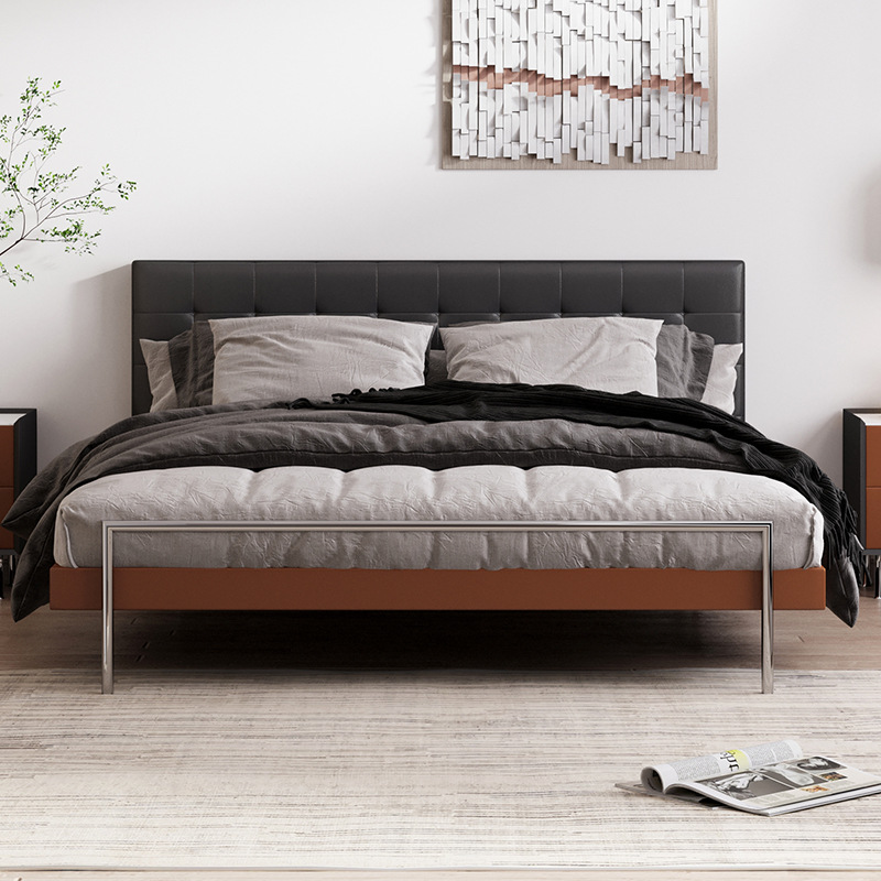 Nordic genuine leather bed simple modern retro upholstered master bedroom wedding bed antique leather art double bed small apartment 1.8 meters 