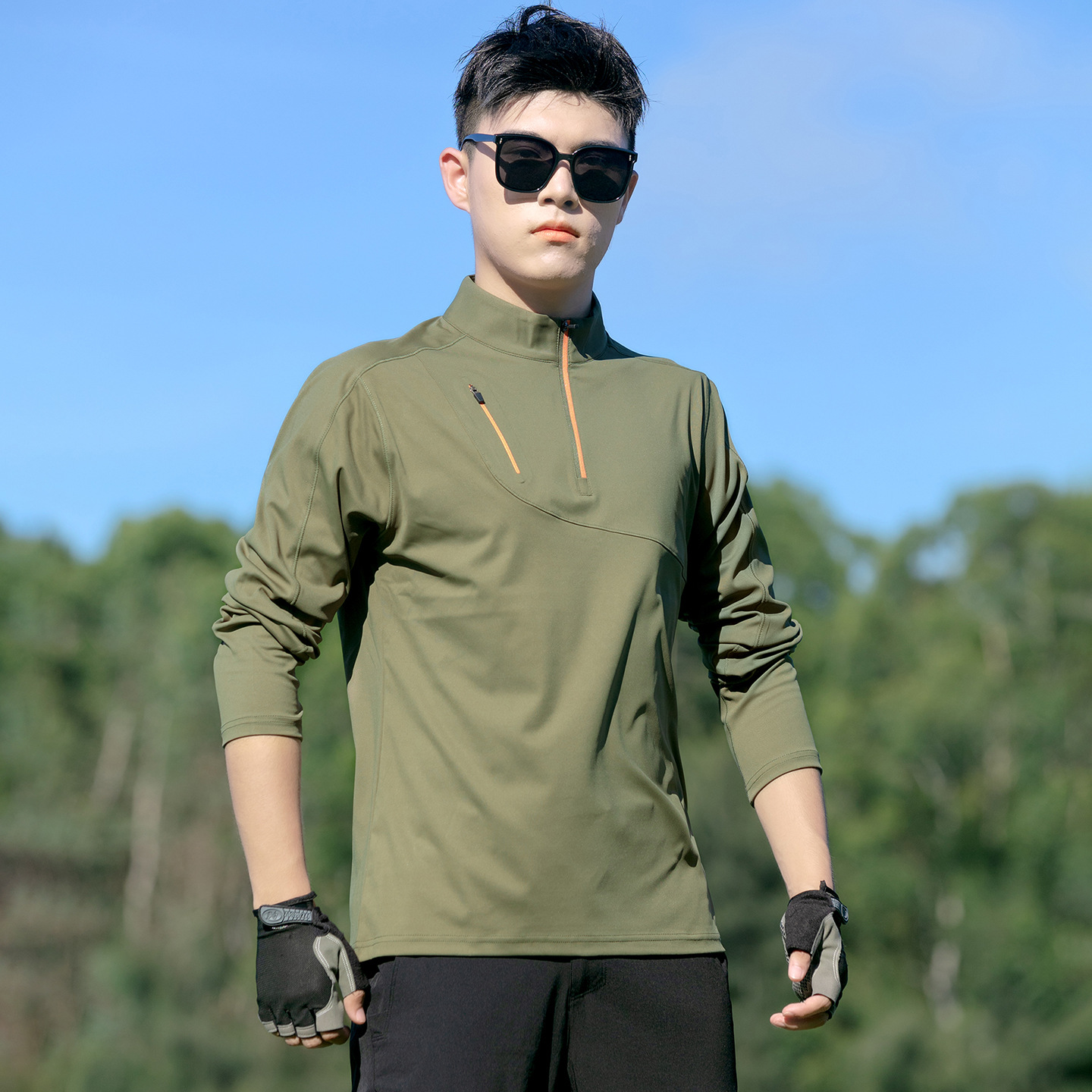 Outdoor Sports Quick-Drying T-Shirt Men's Spring and Autum Mountaineering Half-Zip Elastic Stand-Up Collar Fitness Long-Sleeved Quick-Drying Top