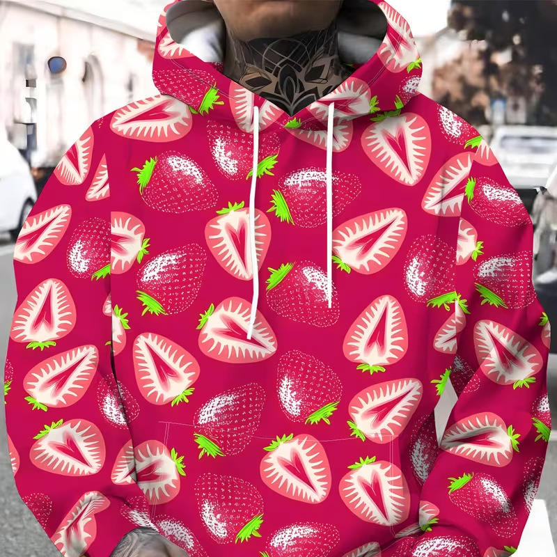 Rose red base with all-over print of fresh strawberries, sweet and fresh loose-fitting hooded sweatshirt Rose red base with all-over print of fresh strawberries, sweet and fresh loose-fitting hooded sweatshirt