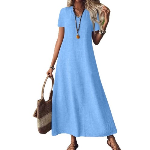 2025 New European and American style summer back zipper short-sleeved dress cotton linen plain color fashion slimming 