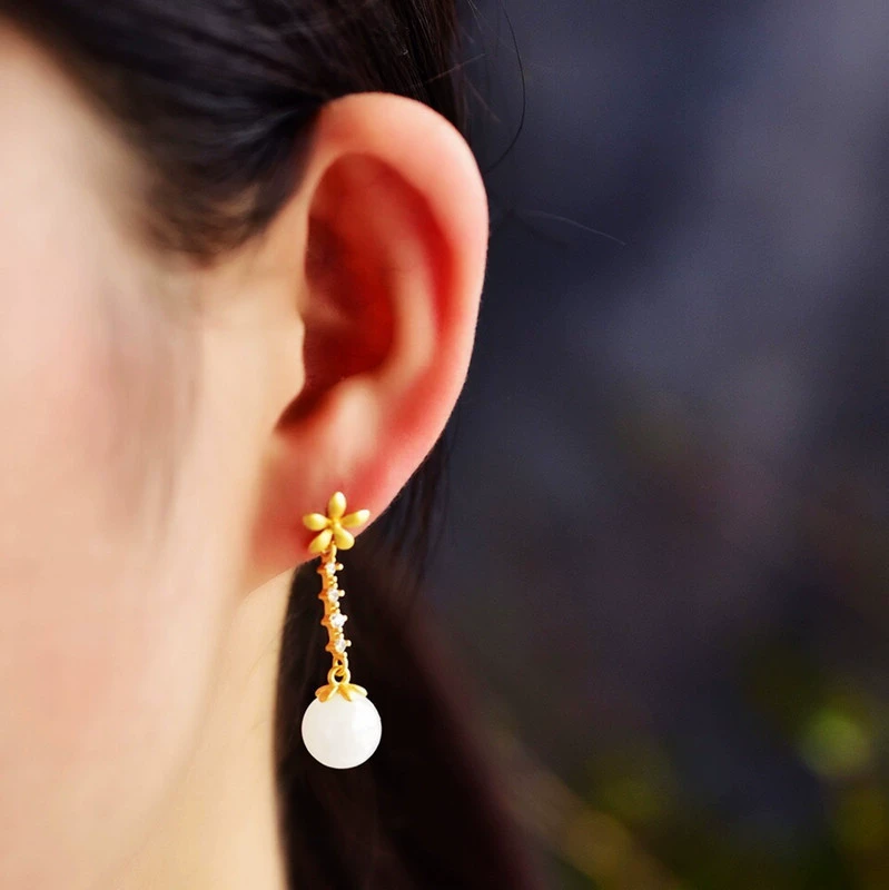 Retro earrings white jade, 925 sample silver