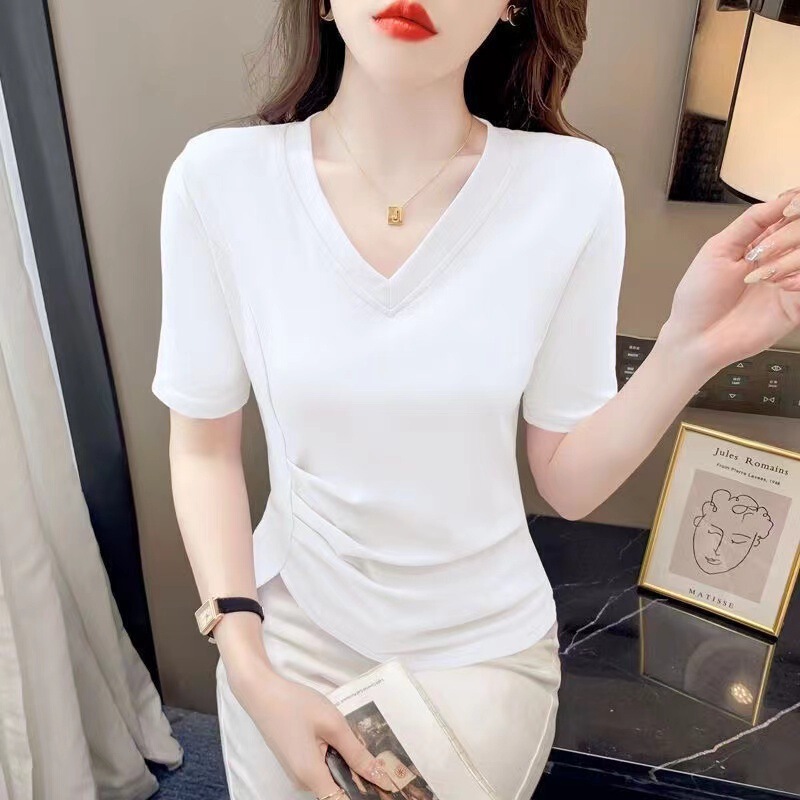 2025 plus size Summer Women's V-neck T-shirt Short-sleeved Solid Color Irregular Western Style Slim-fit Slimming Pleated T-shirt Top