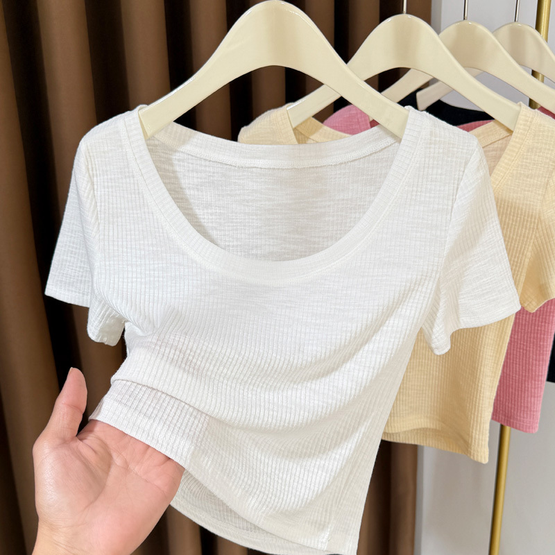 白い竹の綿の大きい丸首の半袖の女性2025新型の氷の糸のニットの短いタイプのtシャツの女性の中で底のシャツの薄いです。|undefined