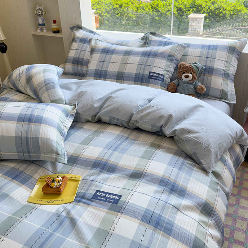 Sin impresión de cuatro piezas de algodón puro, algodón completo, ropa de cama transpirable para estudiantes, cuatro piezas de clase madre y bebé