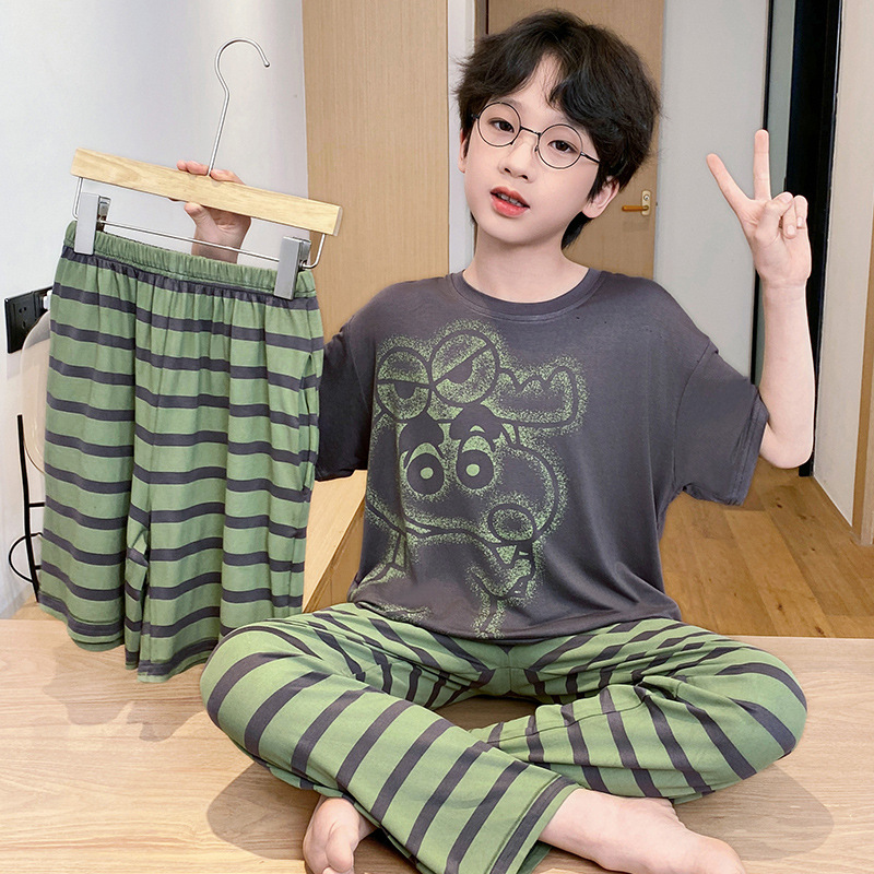 Children's Pajamas Boys Summer Modal Three-Piece Suit Little Boys Middle and Large Children Cartoon Baby Home Clothes